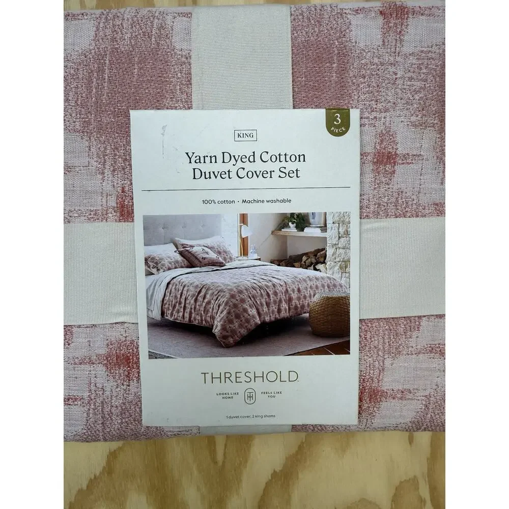 Threshold King Yarn Dyed Cotton Duvet Cover Set Pink Geometric Boho Cottagecore